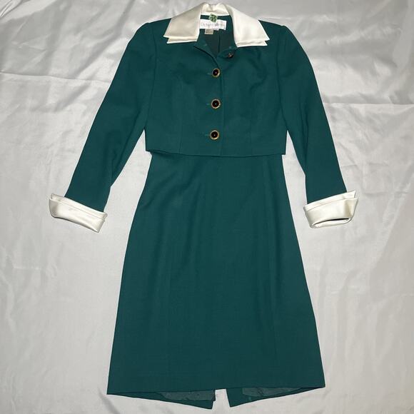Vintage Richard Warren Sheath Dress w/ Blazer Sz 6 Green White 100% Wool Career - Picture 1 of 10